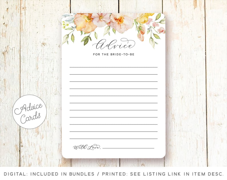 Peut inclure: Une carte d'advice imprimable pour une future mari&eacute;e avec un motif floral dans des tons de p&ecirc;che, jaune et vert. La carte porte le texte "Advice for the bride-to-be" et "With Love."