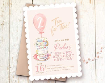 Tea for Two Birthday Invitations, Teacups Invitation, Birthday Tea Party, Blush, Pink, Two Year Birthday Invitations, Let's Partea!