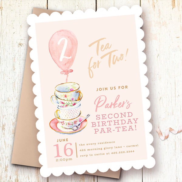 Tea for Two Birthday Invitations, Teacups Invitation, Birthday Tea Party, Blush, Pink, Two Year Birthday Invitations, Let's Partea!