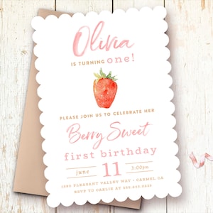 Strawberry Birthday Invitations, 1st Birthday Invitations Girl, One Year Girl Invitations, Berry Sweet Birthday, Berry First Invite image 1