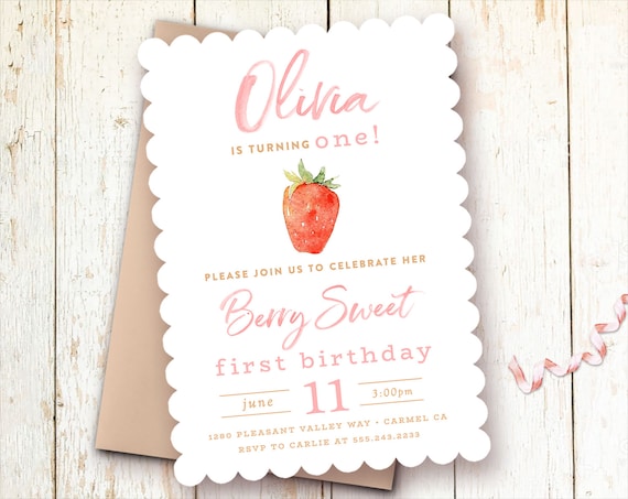Strawberry Birthday Invitations, 1st Birthday Invitations Girl, One Year Girl Invitations, Berry Sweet Birthday, Berry First Invite