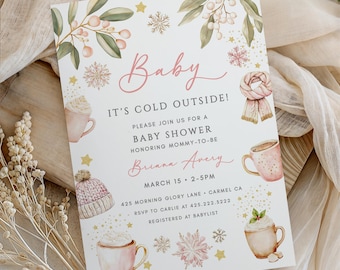 Faire-part pour une douche extérieure bébé il fait froid • Invitation sur le thème de l'hiver bohème et cacao chaud • Rose poudré • Fille • Modifiable • Téléchargement instantané • Evite