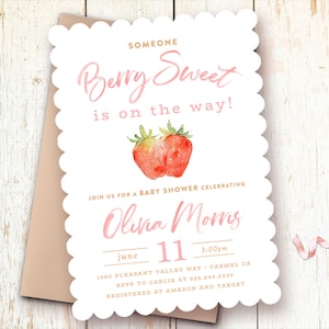 Strawberry Baby Shower Invitations, Berry Sweet, Strawberry Theme Baby Shower, Printed, Printable, Baby Sprinkle, Baby Brunch, Invites