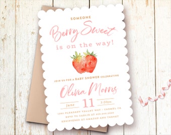 Strawberry Baby Shower Invitations, Berry Sweet, Strawberry Theme Baby Shower, Printed, Printable, Baby Sprinkle, Baby Brunch, Invites