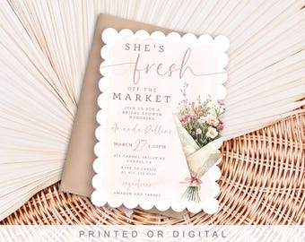 Fresh off the Market Bridal Shower Invitations, Brunch, Lunch, Modern Bridal Invites, Chic, Pink, Farmer's Market Floral Bouquet
