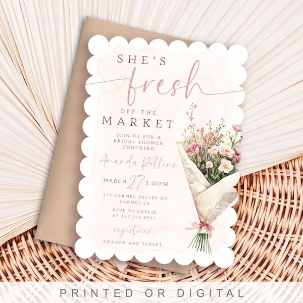 Fresh off the Market Bridal Shower Invitations, Brunch, Lunch, Modern Bridal Invites, Chic, Pink, Farmer's Market Floral Bouquet