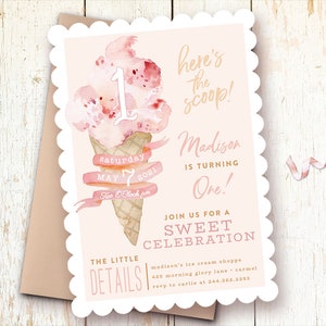 Ice Cream First Birthday Invitation, Blush Pink, Sweet Celebration (Digital or Printed)