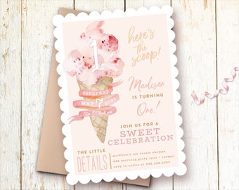 Ice Cream Girl Birthday Invitation, Blush Pink, Here's the Scoop, First Birthday Invitations Girl, One Year Girl Birthday, First Birthday