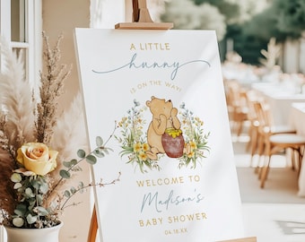 Panneau de bienvenue pour la baby shower Winnie l'ourson • Garçon • Bleu • Vintage classique • Saupoudrer • Brunch IMPRIMÉ ou NUMÉRIQUE
