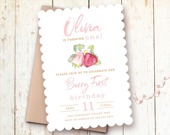 Berry First Birthday Invitations, Strawberry Invite, 1st, One Year Girl, Berries, Printed, Digital