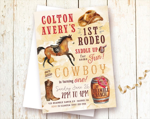 Western Birthday Invitation, First Rodeo Invite, Little Cowboy, Hat, Cowboy Boots, Horse, One Year Invitations, 1st Birthday Boy, 1st Rodeo