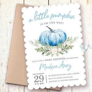 Pumpkin Baby Shower Invitations, Little Pumpkin is On the Way, Blue Pumpkin Greenery Baby Shower Invitations, Autumn, Fall Baby Shower, Boy