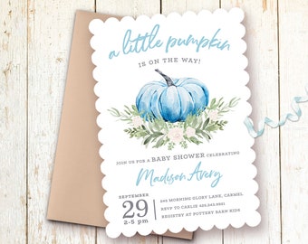 Pumpkin Baby Shower Invitations, Little Pumpkin is On the Way, Blue Pumpkin Greenery Baby Shower Invitations, Autumn, Fall Baby Shower, Boy
