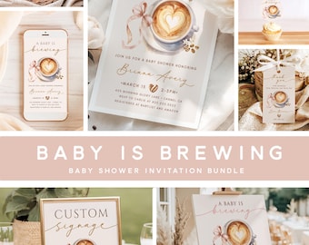 Zestaw zaproszeń na baby shower „Baby Is Brewing” • Dziewczynka • Motyw kawy latte • Natychmiastowe pobranie