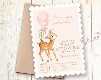 Deer Baby Shower Invitations, Oh Deer!, Baby Girl Shower Invitations, Balloon, Blush Baby Shower Invitations, Baby Deer Invitation