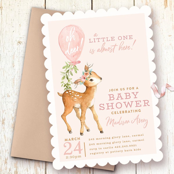 Deer Baby Shower Invitations, Oh Deer!, Baby Girl Shower Invitations, Balloon, Blush Baby Shower Invitations, Baby Deer Invitation