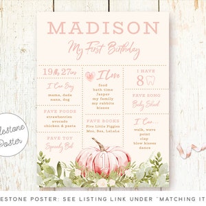Pumpkin Milestone Poster, 1st Birthday, First Birthday Milestone Poster, Pink Blush, Girl Birthday, Digital or Printed