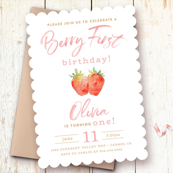 Strawberry First Birthday Invitation, Strawberries Birthday Invitation Girl, Berry First Birthday Invite, Strawberry Party, 1st Birthday