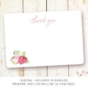 May include: A white thank you card with pink text and a watercolor illustration of strawberries. The text reads "thank you".