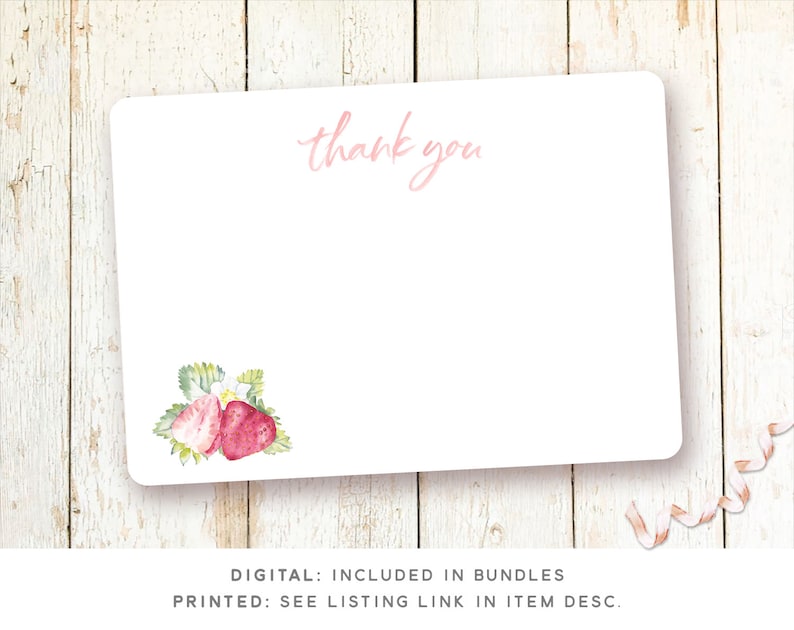 May include: A white thank you card with pink text and a watercolor illustration of strawberries. The text reads "thank you".