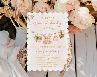 Strawberry Baby Shower Invitation • Watercolor • Vintage • Berry Sweet • PRINTED or DIGITAL