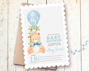 Teddy Bear Baby Shower Invitations, Baby Boy Shower Invitations, Blue, Boy