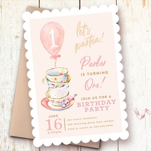 Tea Party Birthday Invitation Girl, Blush, Pink, Teacups, Let&#39;s Partea!, Birthday Partea, Par-tea, First Birthday Invitation Girl, Template