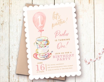 Tea Party Birthday Invitation Girl, Blush, Pink, Teacups, Let's Partea!, Birthday Partea, Par-tea, First Birthday Invitation Girl