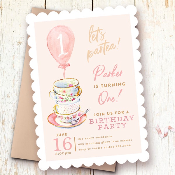 Tea Party Birthday Invitation Girl, Blush, Pink, Teacups, Let's Partea!, Birthday Partea, Par-tea, First Birthday Invitation Girl