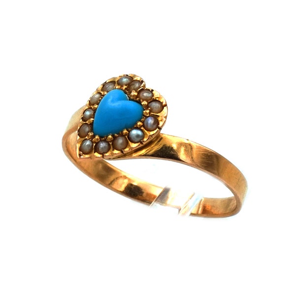 Antique 585 Gold Ring with Turquoise Heart and Or… - image 3