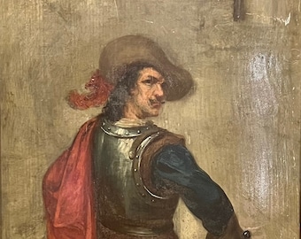 Continental School, 19th Century Oil on Oak Panel Painting of a Swordsman - Signed