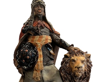 Large Majolica Orientalist Figure by Wilhelm Schiller and Sohn - Moorish Knight with Lion Mascot
