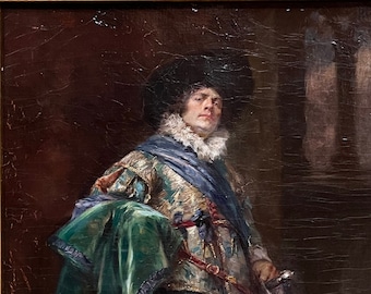 Oil on Canvas Painting by Alex de Andreis "Standing Cavalier in an Interior"