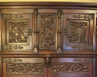Large Gothic Revival Carved Oak Cabinet with Leaf and Vine Motif