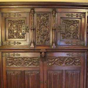 Large Gothic Revival Carved Oak Cabinet with Leaf and Vine Motif