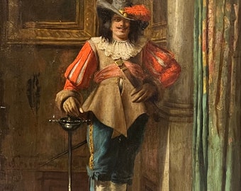 French School, 19th Century Oil on Panel Depicting Soldier with Rapier Sword