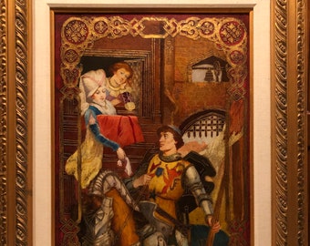 Large Oil on Canvas Painting of Knight on Horseback with Damsels by Diana Mendoza