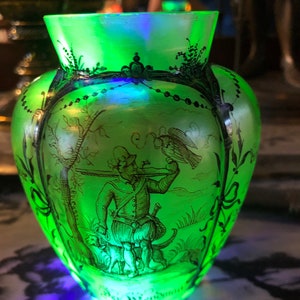 Antique German Schwarzlot Uranium Glass Vase with Hunters and Poems
