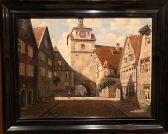 Antique Oil on Canvas Painting of Wurttemburg, Germany Village Scene, signed Paul Lorenz