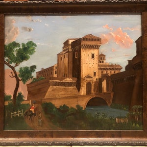 May include: A painting depicting a large, stone building with a bridge in front of it. The building is brown and has many windows. The bridge is arched and is made of stone. There are trees and bushes in the foreground. The sky is blue with some clouds.
