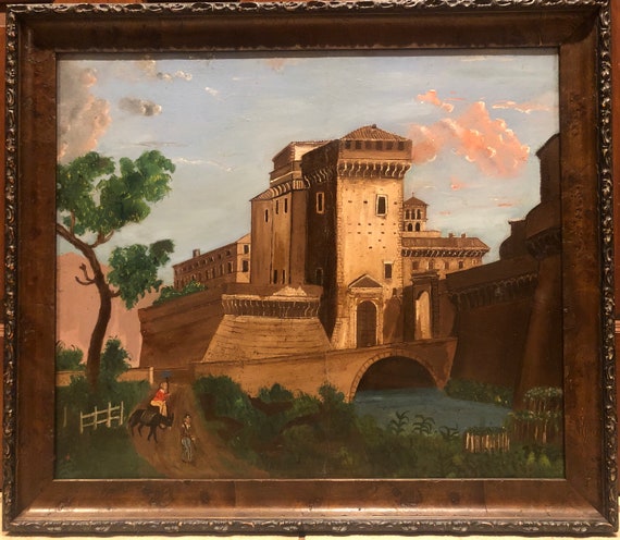 Folk Art Painting of a Castle with Travelers 19th Century