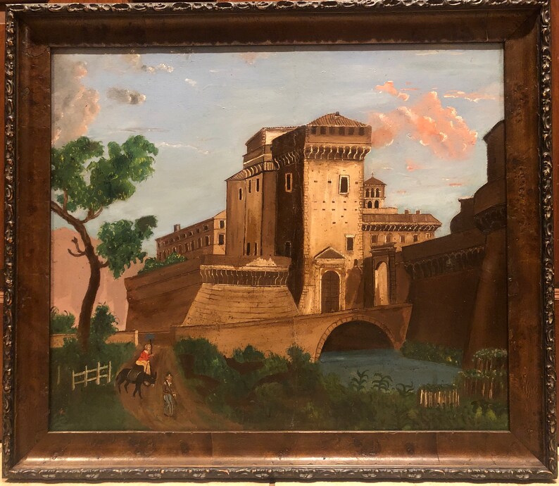 May include: A painting depicting a large, stone building with a bridge in front of it. The building is brown and has many windows. The bridge is arched and is made of stone. There are trees and bushes in the foreground. The sky is blue with some clouds.