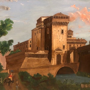 May include: A painting depicting a large, brown stone building with a bridge and a river in the foreground. A person on horseback is riding along a path in front of the building.