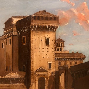 May include: A painting depicting a tall, brown building with multiple windows and a decorative cornice. The building is set against a blue sky with pink clouds. The painting has a vintage aesthetic.
