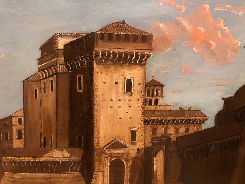 May include: A painting depicting a tall, brown building with multiple windows and a decorative cornice. The building is set against a blue sky with pink clouds. The painting has a vintage aesthetic.