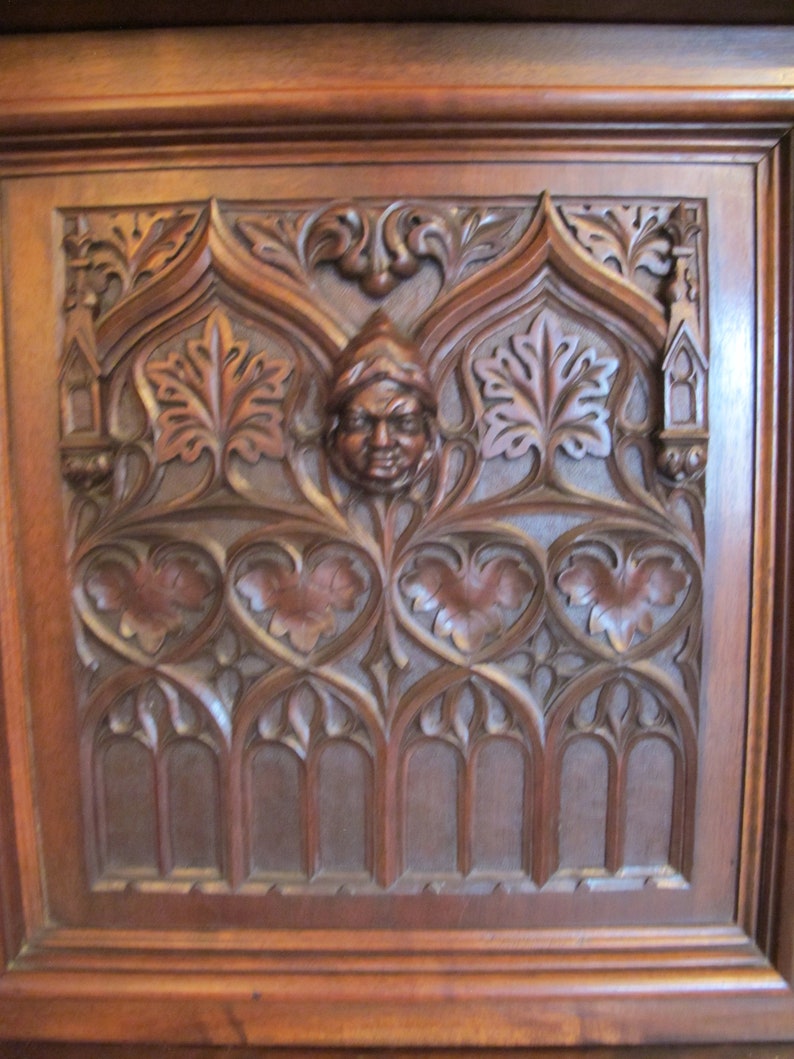 Gothic Revival Carved Oak Single Door Cabinet with Drawer