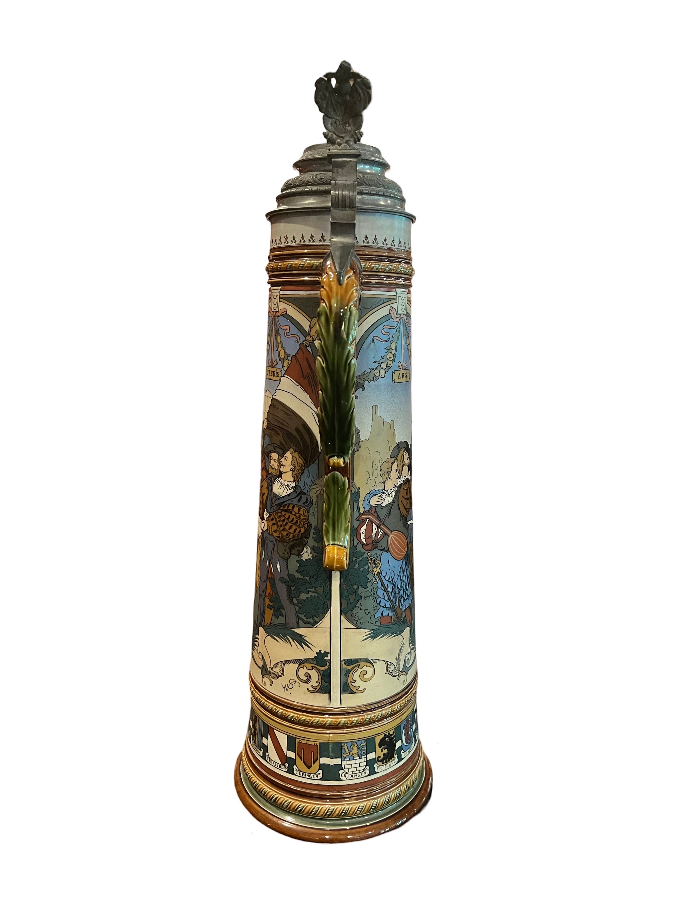 Magnificent 5.7L Antique Mettlach Etched German Beer Stein With