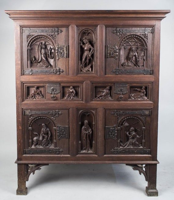 Gothic Revival Carved Oak Single Door Cabinet with Drawer