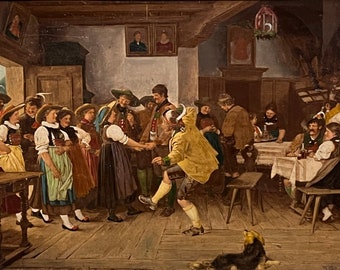 Franz von Defregger, Oil on Panel Painting, German Dancing Scene - 1882