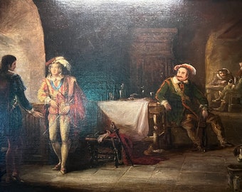 Large 19th Century English School Oil on Canvas Painting "Cavaliers in a Tavern" by W. M. Hay